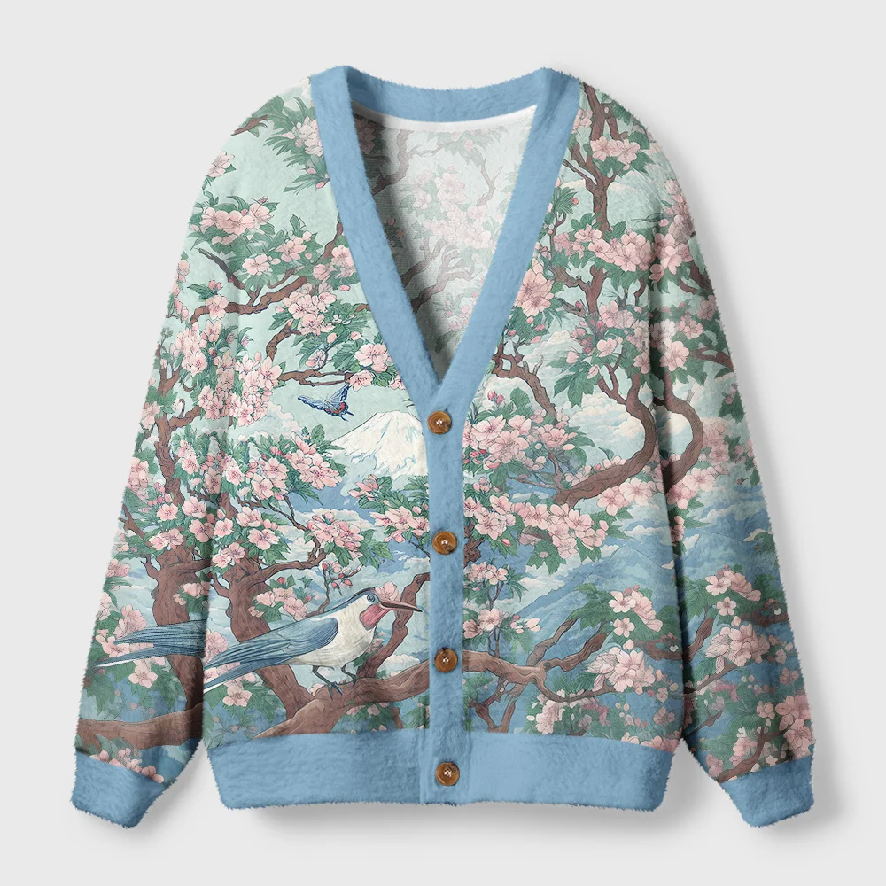 Birds Under Sakura Cardigan Sweater Front view of the birds under sakura cardigan sweater featuring a blue hue and intricate floral design.