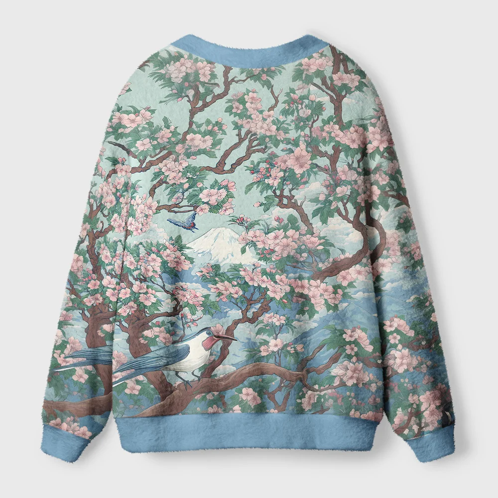 Birds Under Sakura Cardigan Sweater Back view of the birds under sakura cardigan sweater showcasing the beautiful sakura pattern and soft texture.