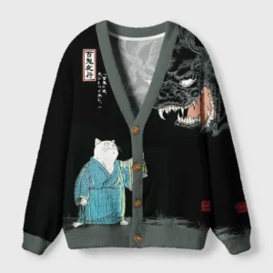 Front view of the night stalker cat cardigan sweater featuring a Japanese demon design in black and green.