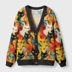 Front view of the mechanical cats cardigan sweater showcasing vibrant colors and steampunk cat design.