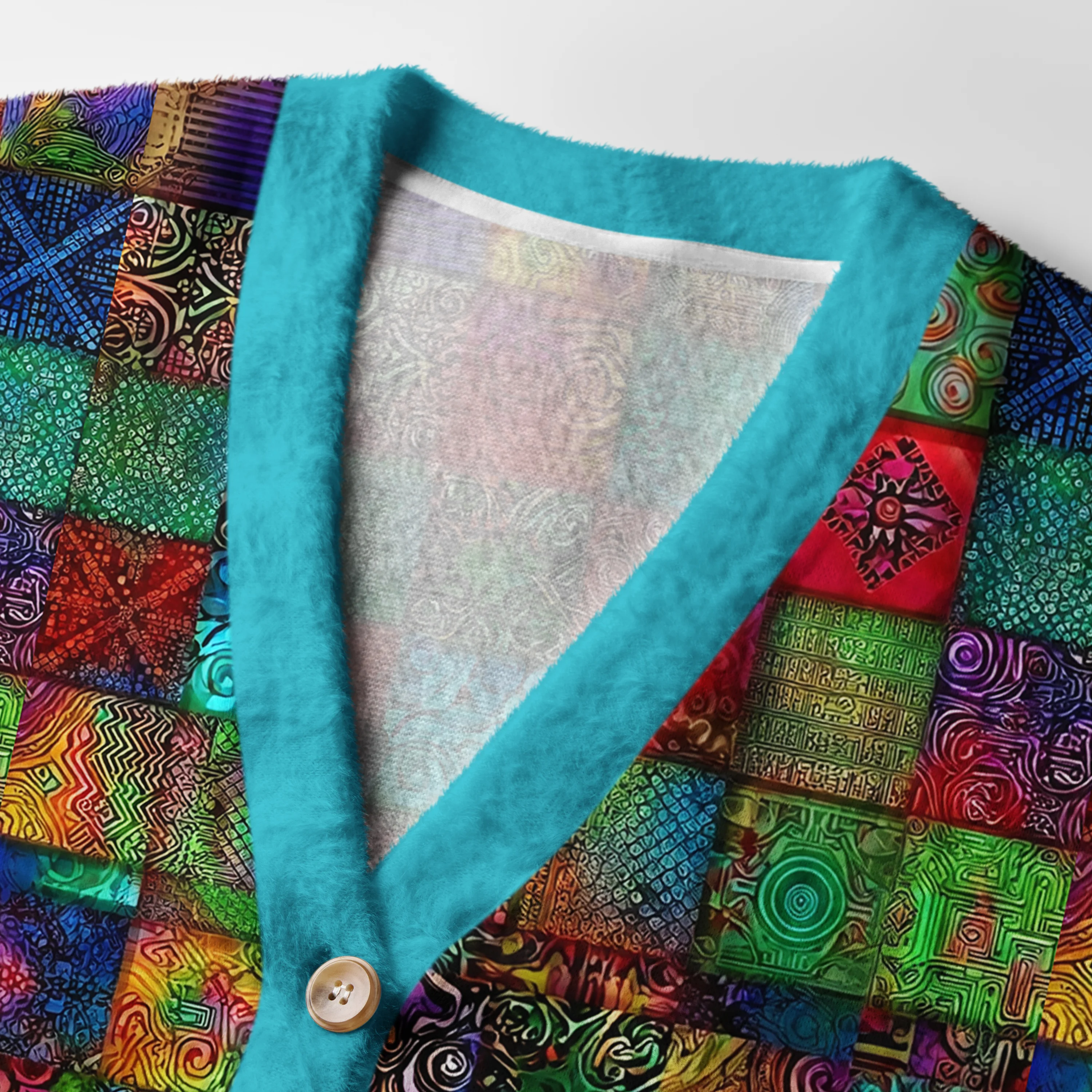 Colorful Geometry Cardigan Sweater | Abstract Geometric Design Close-up detail of the colorful geometry cardigan sweater highlighting the intricate patterns and rich color palette.