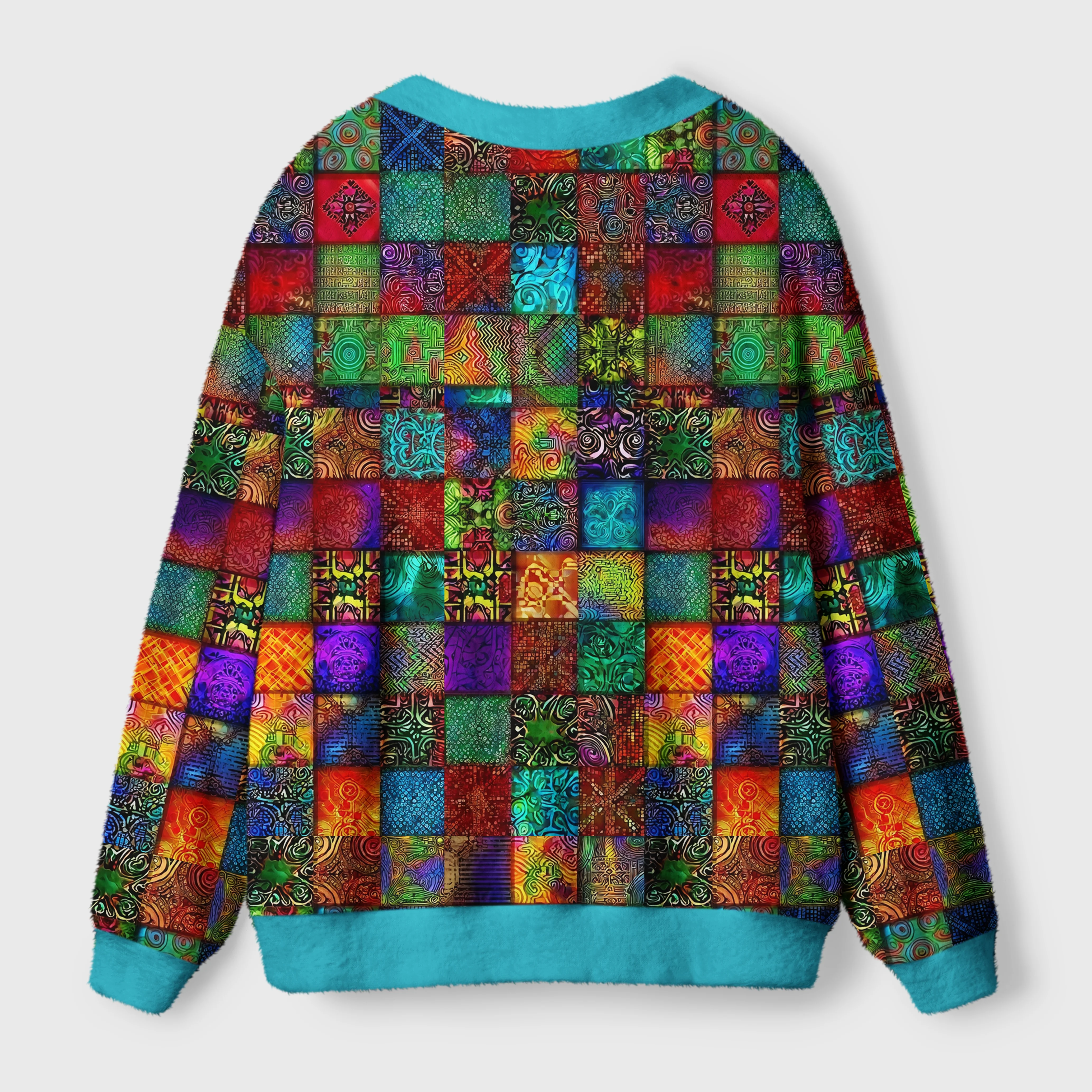 Colorful Geometry Cardigan Sweater | Abstract Geometric Design Back view of the colorful geometry cardigan sweater showcasing its unique geometric design and cozy texture.