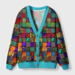 Colorful geometry cardigan sweater featuring vibrant abstract patterns, front view with turquoise trim and buttons.