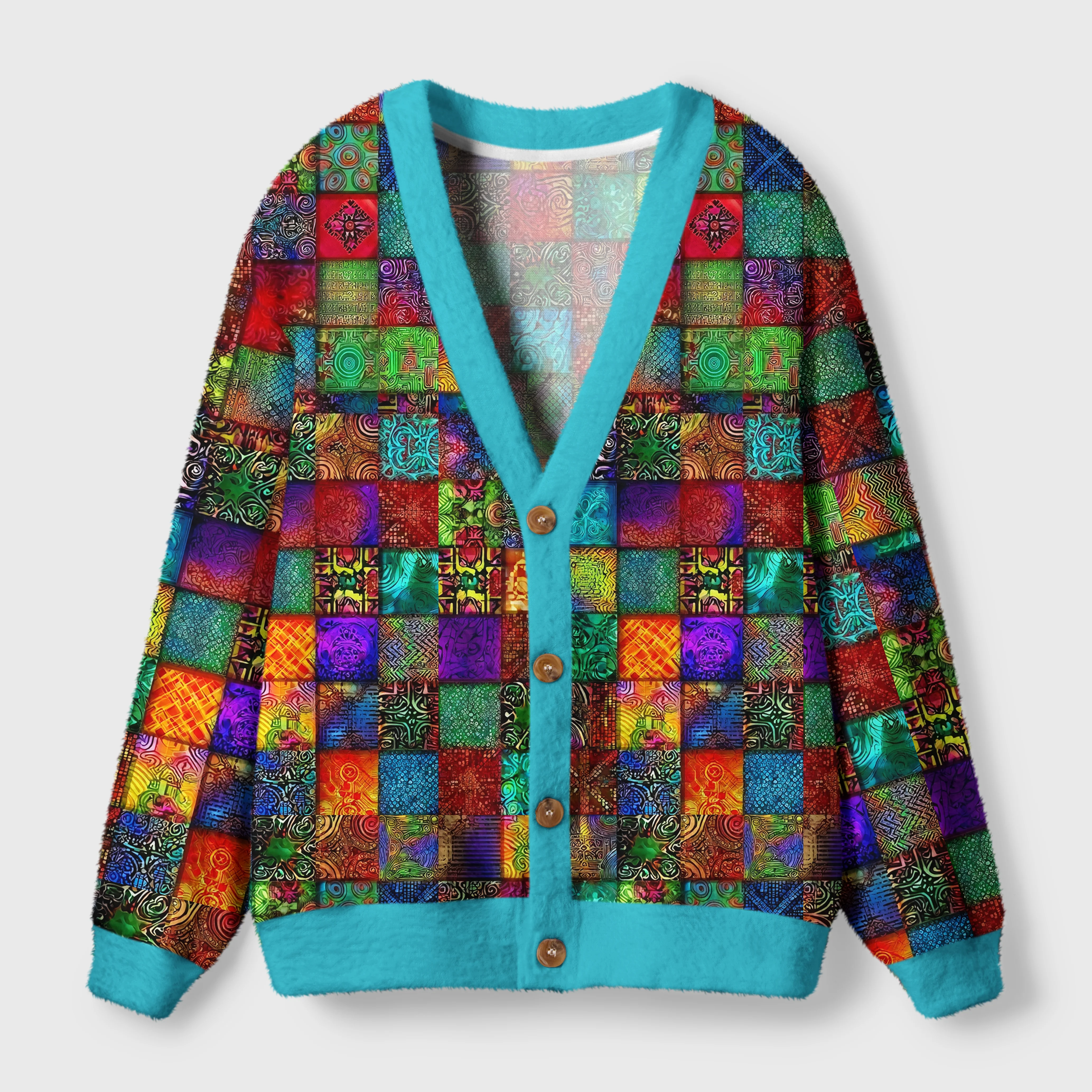 Colorful Geometry Cardigan Sweater | Abstract Geometric Design Colorful geometry cardigan sweater featuring vibrant abstract patterns, front view with turquoise trim and buttons.
