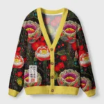 Front view of the magical floral design cardigan sweater featuring vibrant blooms and a yellow trim.