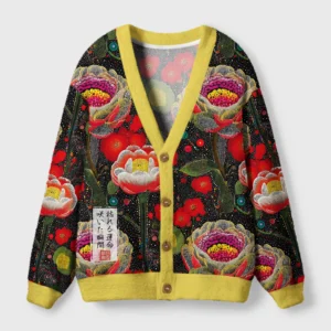 Front view of the magical floral design cardigan sweater featuring vibrant blooms and a yellow trim.