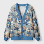 Front view of the octopus samurai cardigan sweater showcasing vibrant blue and intricate Japanese warrior design.