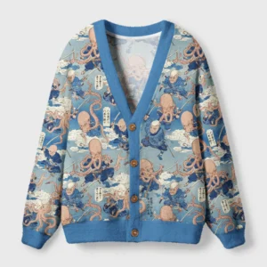 Front view of the octopus samurai cardigan sweater showcasing vibrant blue and intricate Japanese warrior design.