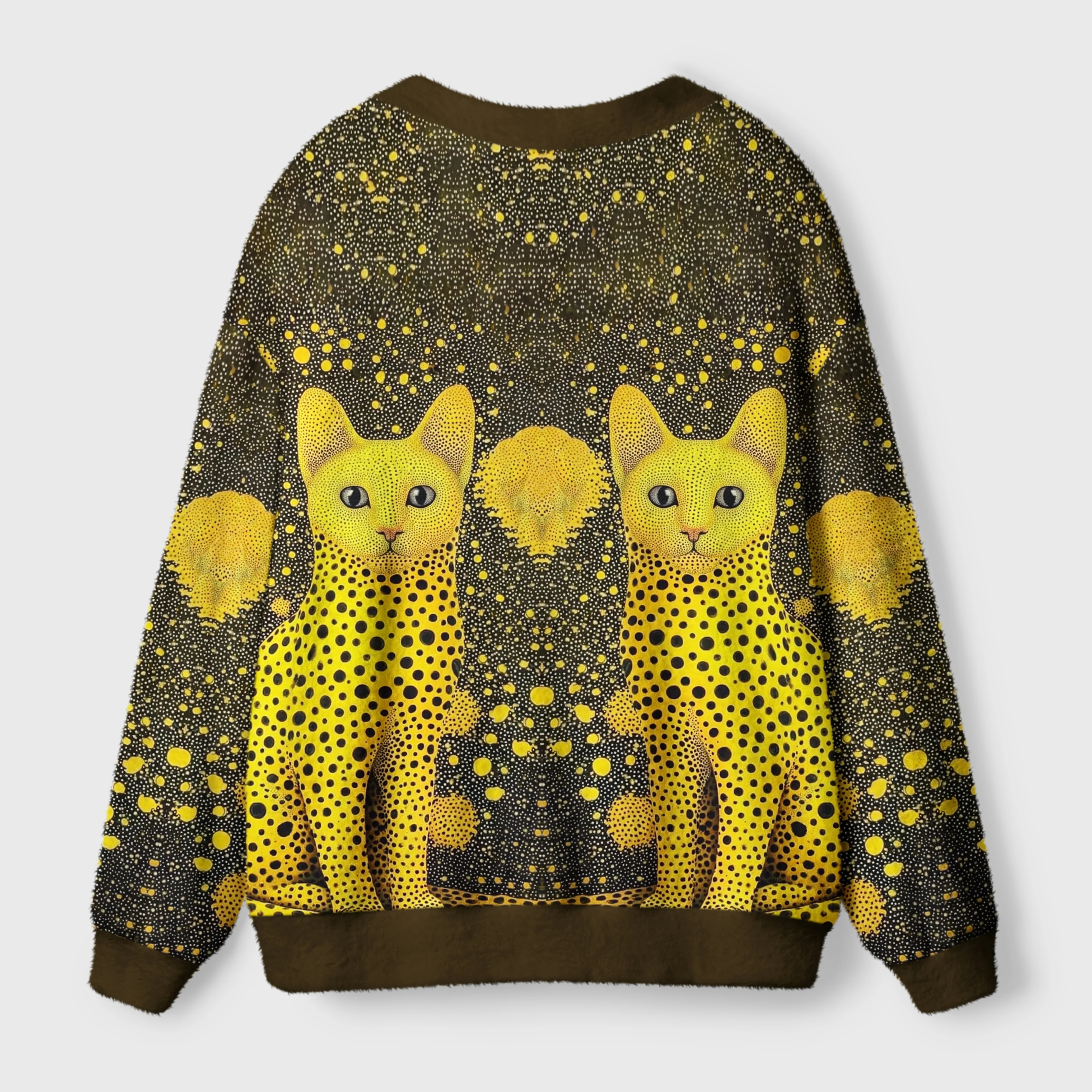 Polka Dot Cats Cardigan Sweater Back view of the polka dot cats cardigan sweater showcasing the playful cat design with a cozy fit.