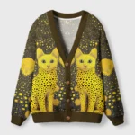 Front view of the polka dot cats cardigan sweater featuring vibrant yellow cat patterns on a dark background.