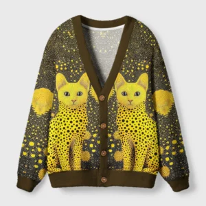 Front view of the polka dot cats cardigan sweater featuring vibrant yellow cat patterns on a dark background.