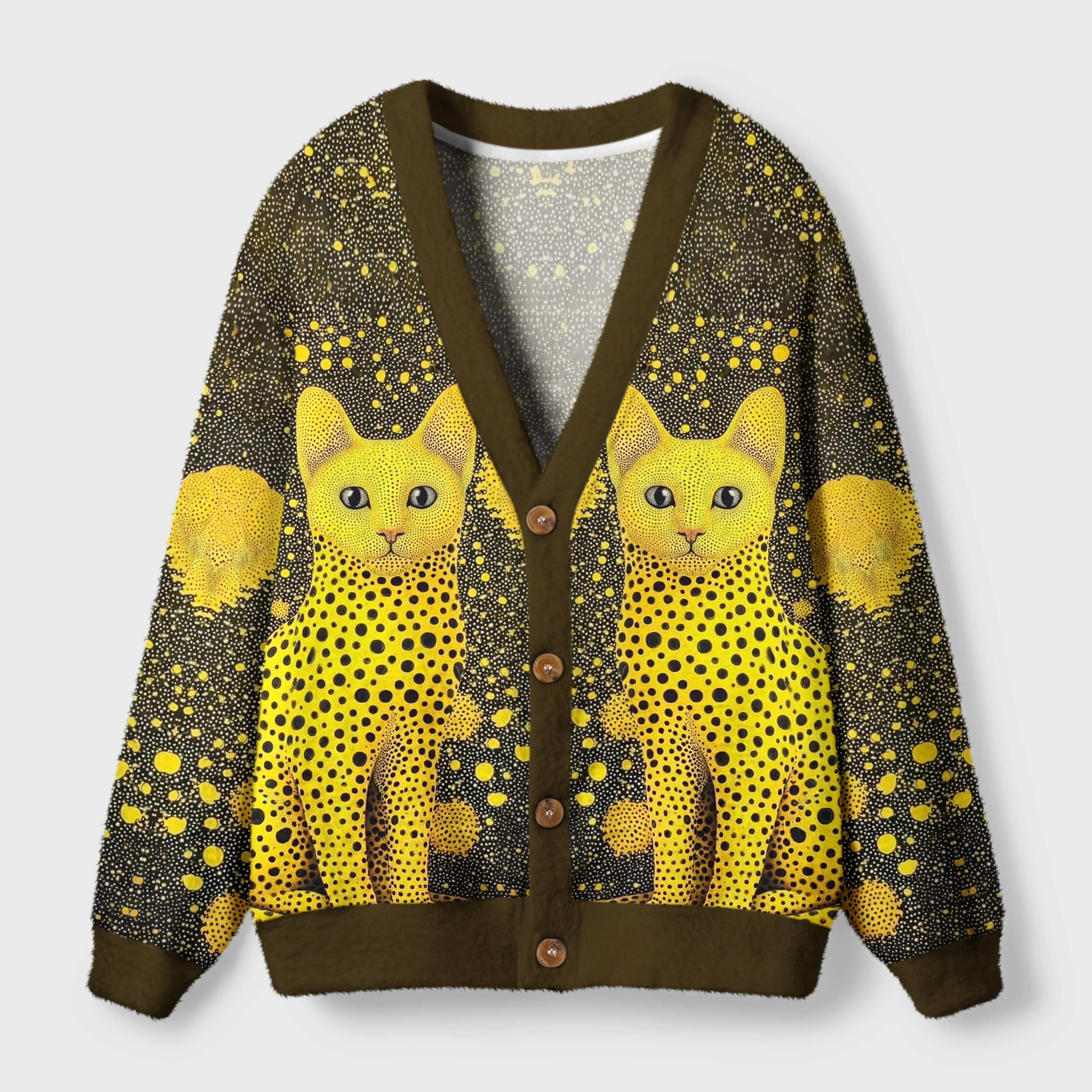 Polka Dot Cats Cardigan Sweater Front view of the polka dot cats cardigan sweater featuring vibrant yellow cat patterns on a dark background.
