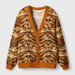 Front view of the tiger stripes cardigan sweater showcasing its vibrant orange and black wild animal design.