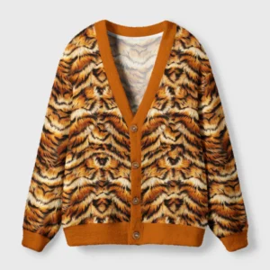 Front view of the tiger stripes cardigan sweater showcasing its vibrant orange and black wild animal design.