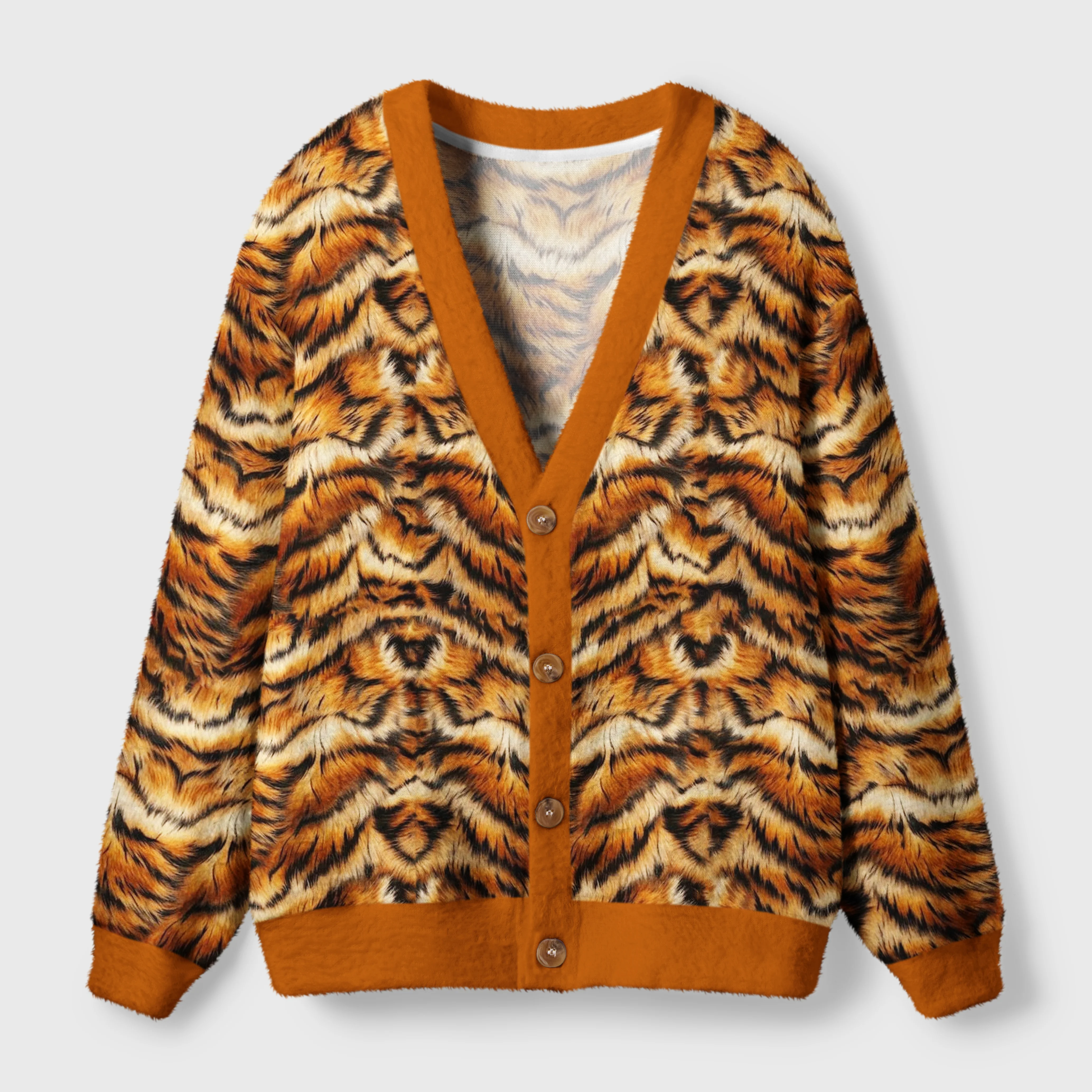 Bold Tiger Stripes Cardigan Sweater Front view of the tiger stripes cardigan sweater showcasing its vibrant orange and black wild animal design.