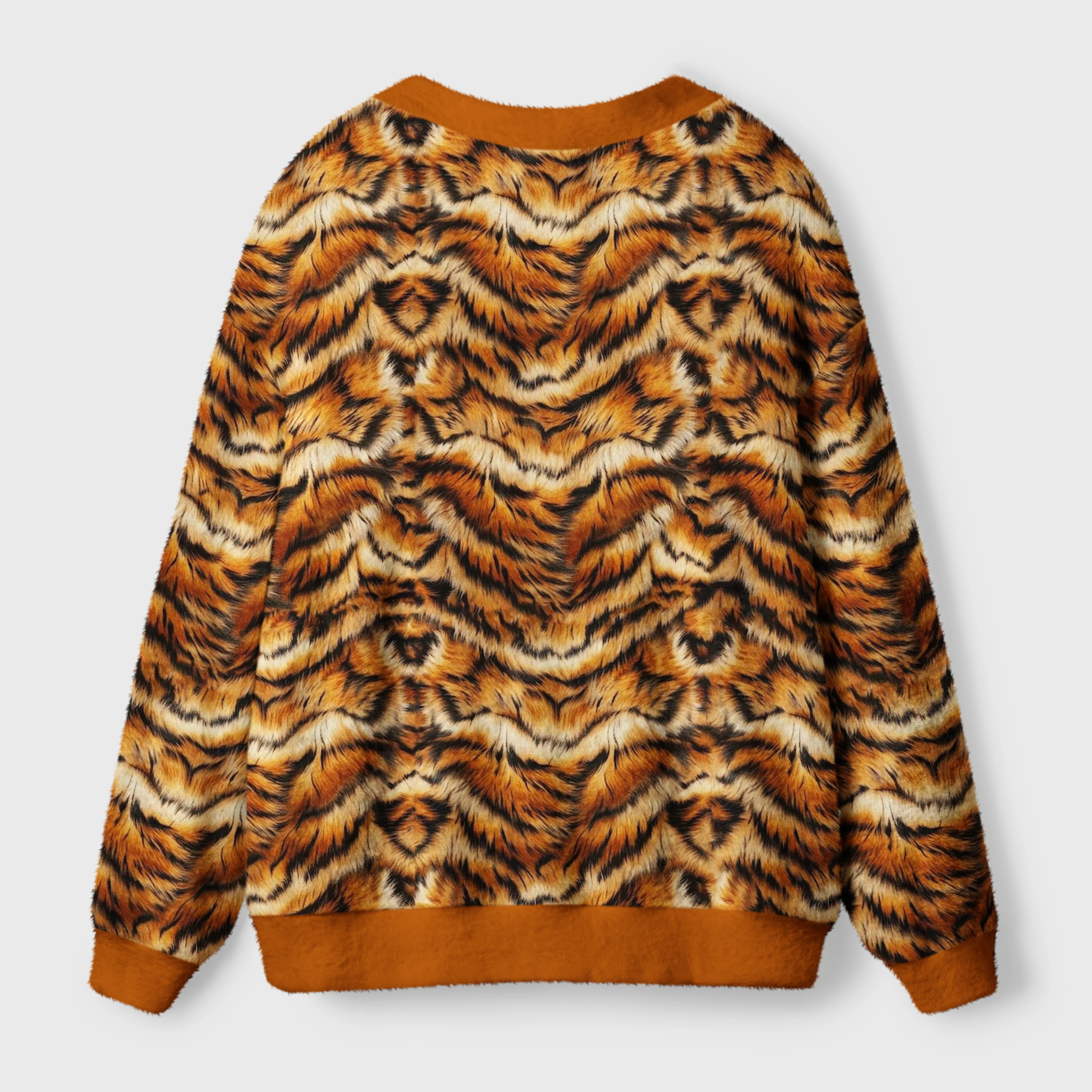 Bold Tiger Stripes Cardigan Sweater Back view of the tiger stripes cardigan sweater highlighting the soft fabric and unique pattern for a stylish look.