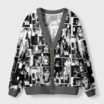 Front view of the manga collage cardigan sweater featuring a monochrome Japanese design and stylish button details.