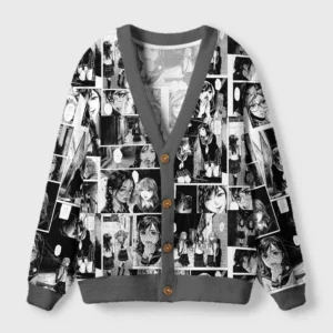 Front view of the manga collage cardigan sweater featuring a monochrome Japanese design and stylish button details.