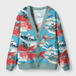 Front view of the cats and carp flags cardigan sweater featuring vibrant colors and playful cat designs.