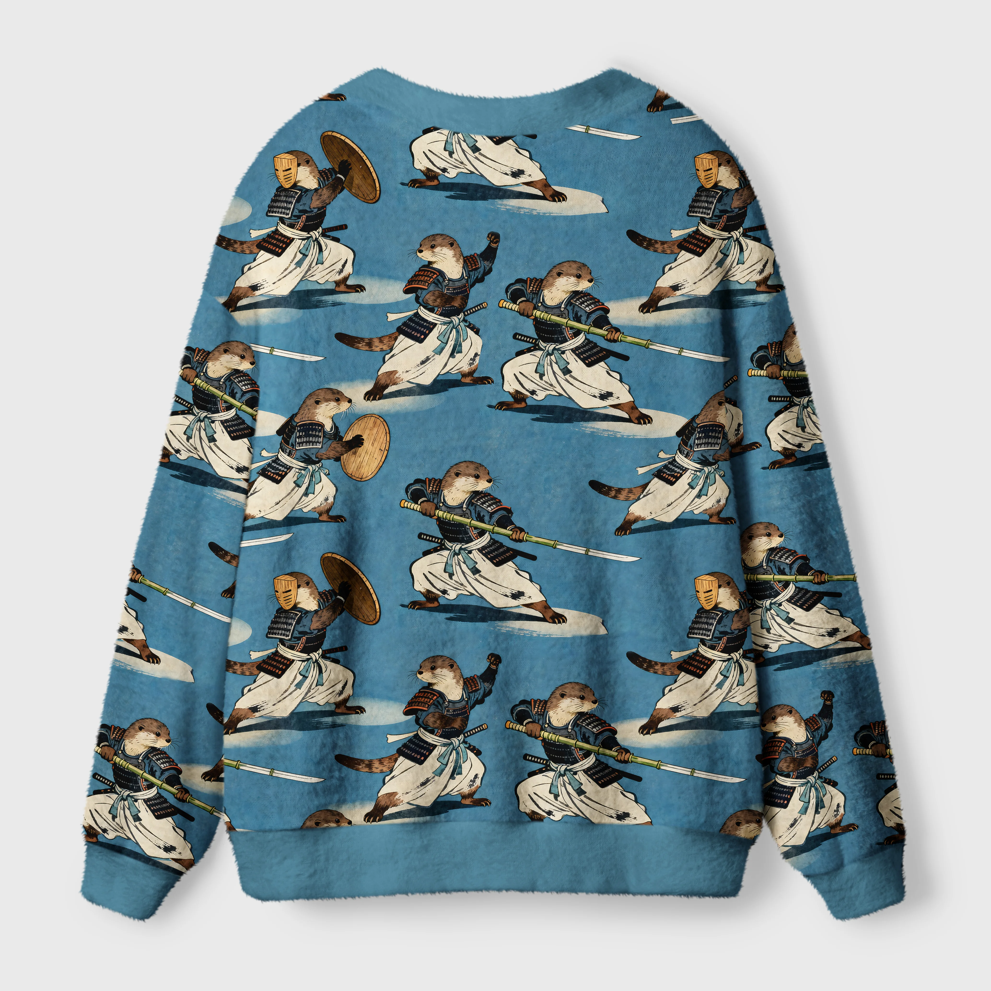 Otter Samurai Cardigan Sweater | Japanese Animal Design Back view of the otter samurai cardigan sweater, featuring a cozy fit and intricate samurai otter artwork.