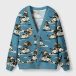 Front view of the otter samurai cardigan sweater, showcasing vibrant blue color and playful otter design.