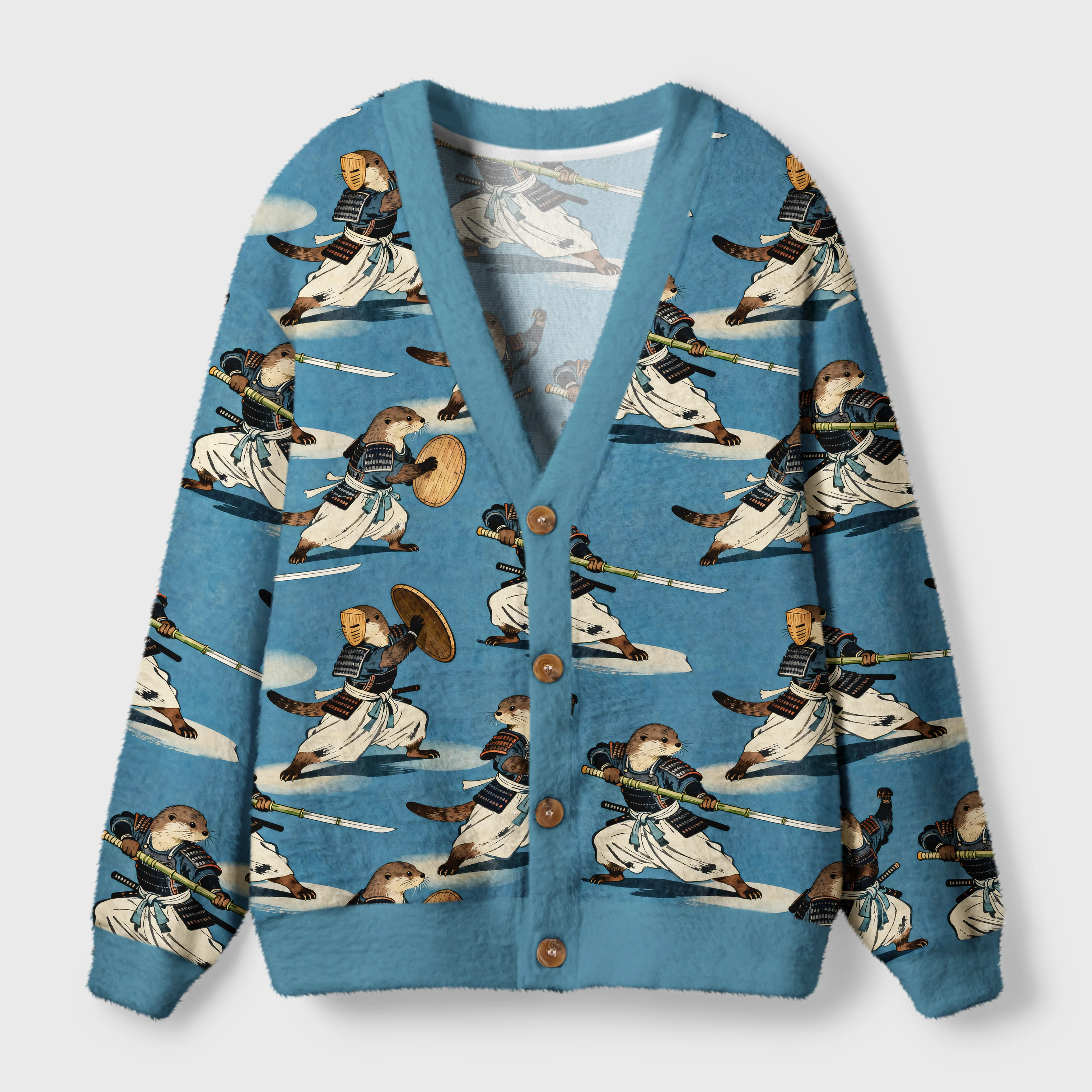 Otter Samurai Cardigan Sweater | Japanese Animal Design Front view of the otter samurai cardigan sweater, showcasing vibrant blue color and playful otter design.