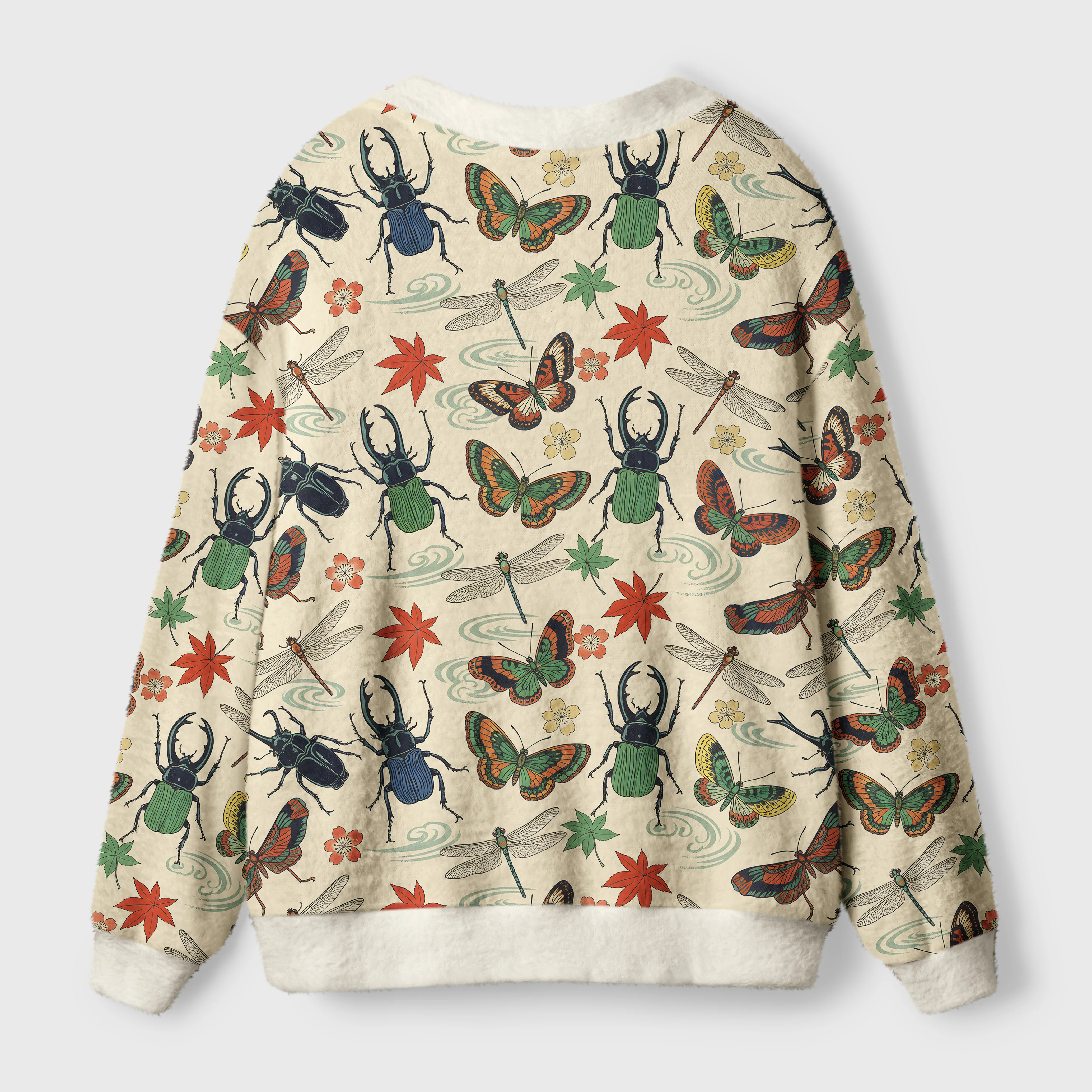 Insect World Cardigan Sweater Back view of the insect world cardigan sweater showcasing its unique design with beetles and butterflies.