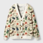 Front view of the insect world cardigan sweater featuring colorful nature illustrations on a cream background.