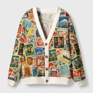 Front view of the Japanese vintage stamps cardigan showcasing its colorful retro stamp design and cozy texture.