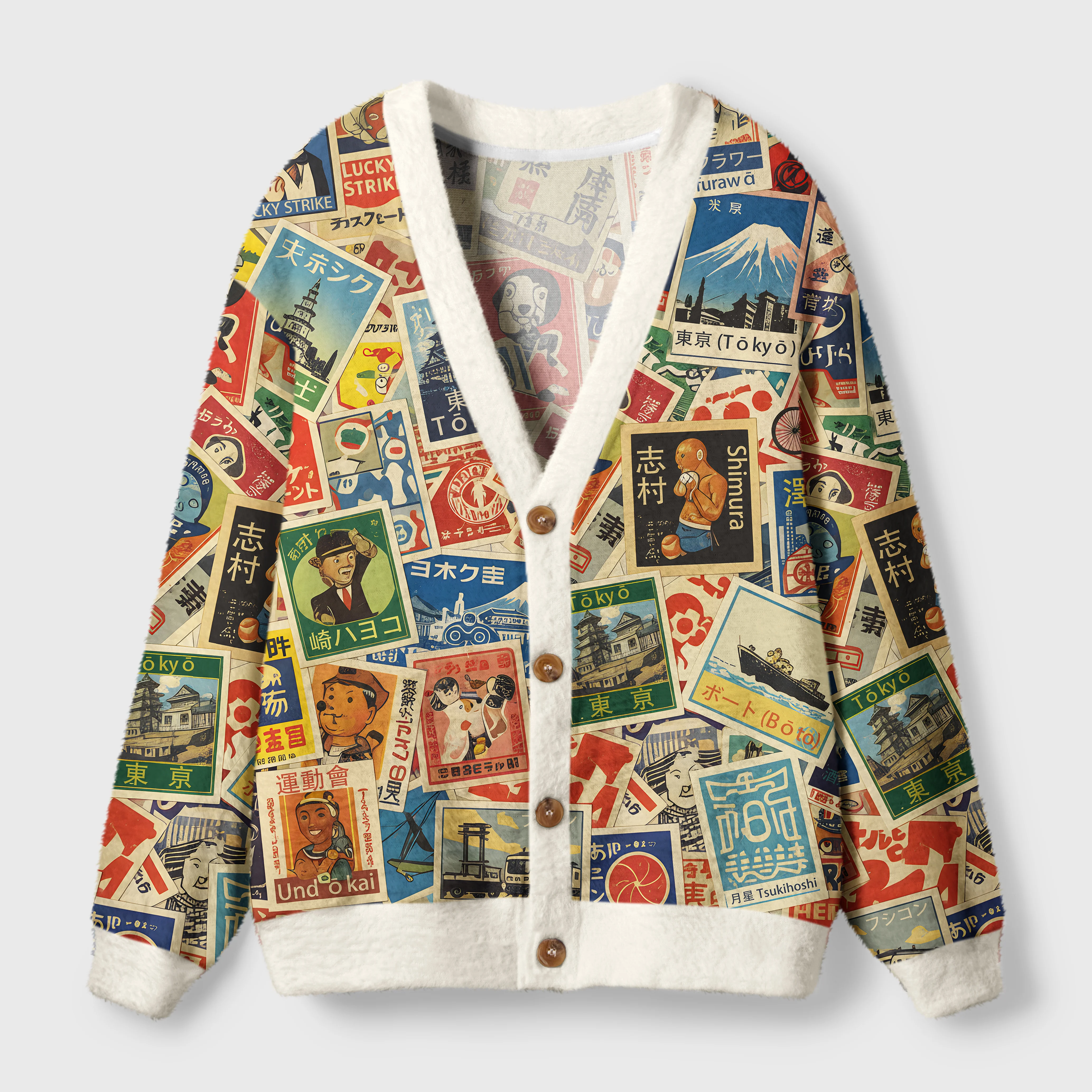 Japanese Vintage Stamps Cardigan | Retro Stamp Design Front view of the Japanese vintage stamps cardigan showcasing its colorful retro stamp design and cozy texture.