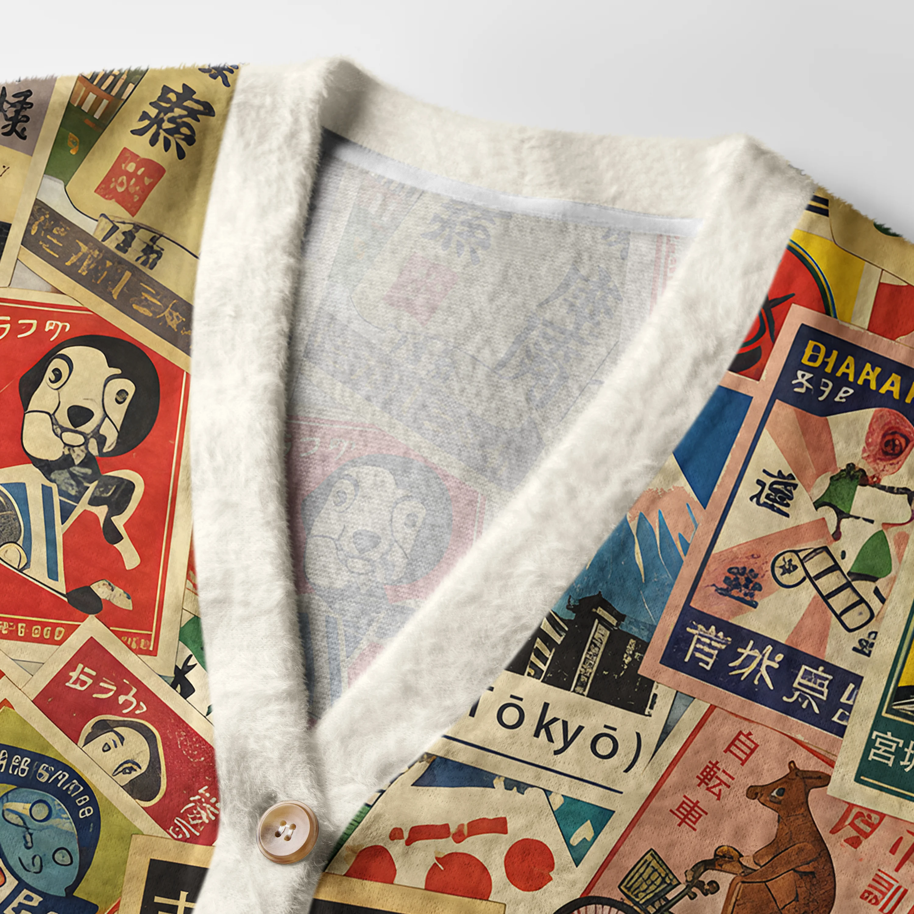 Japanese Vintage Stamps Cardigan | Retro Stamp Design Close-up detail of the Japanese vintage stamps cardigan highlighting the intricate stamp patterns and warm fabric.
