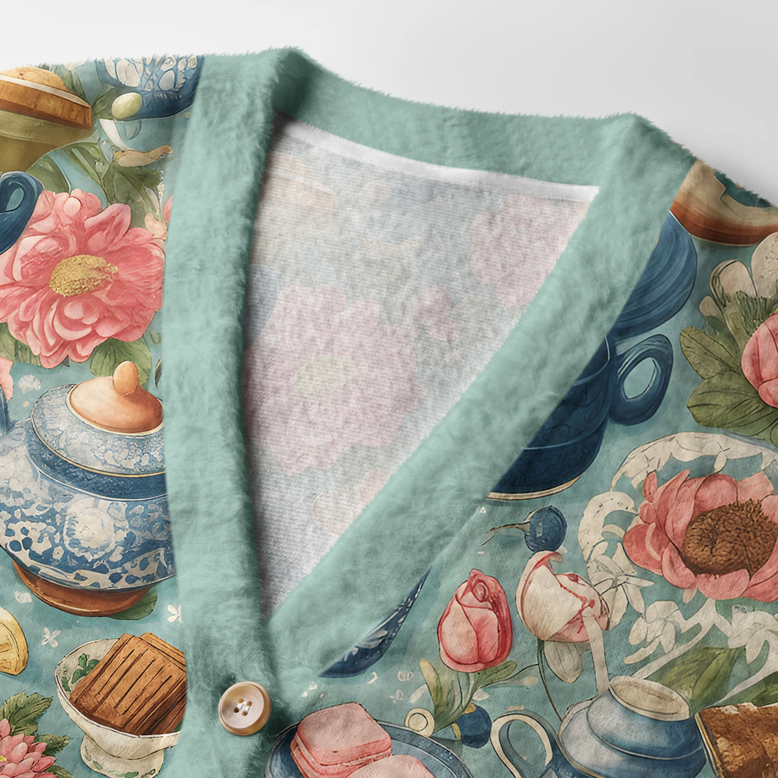 Afternoon Tea Cardigan Sweater | Vintage Tea Party Design Close-up detail of the afternoon tea cardigan sweater highlighting the intricate tea set illustrations and soft texture.
