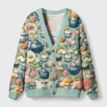Front view of the afternoon tea cardigan sweater featuring a vintage tea party design in soft pastel colors.