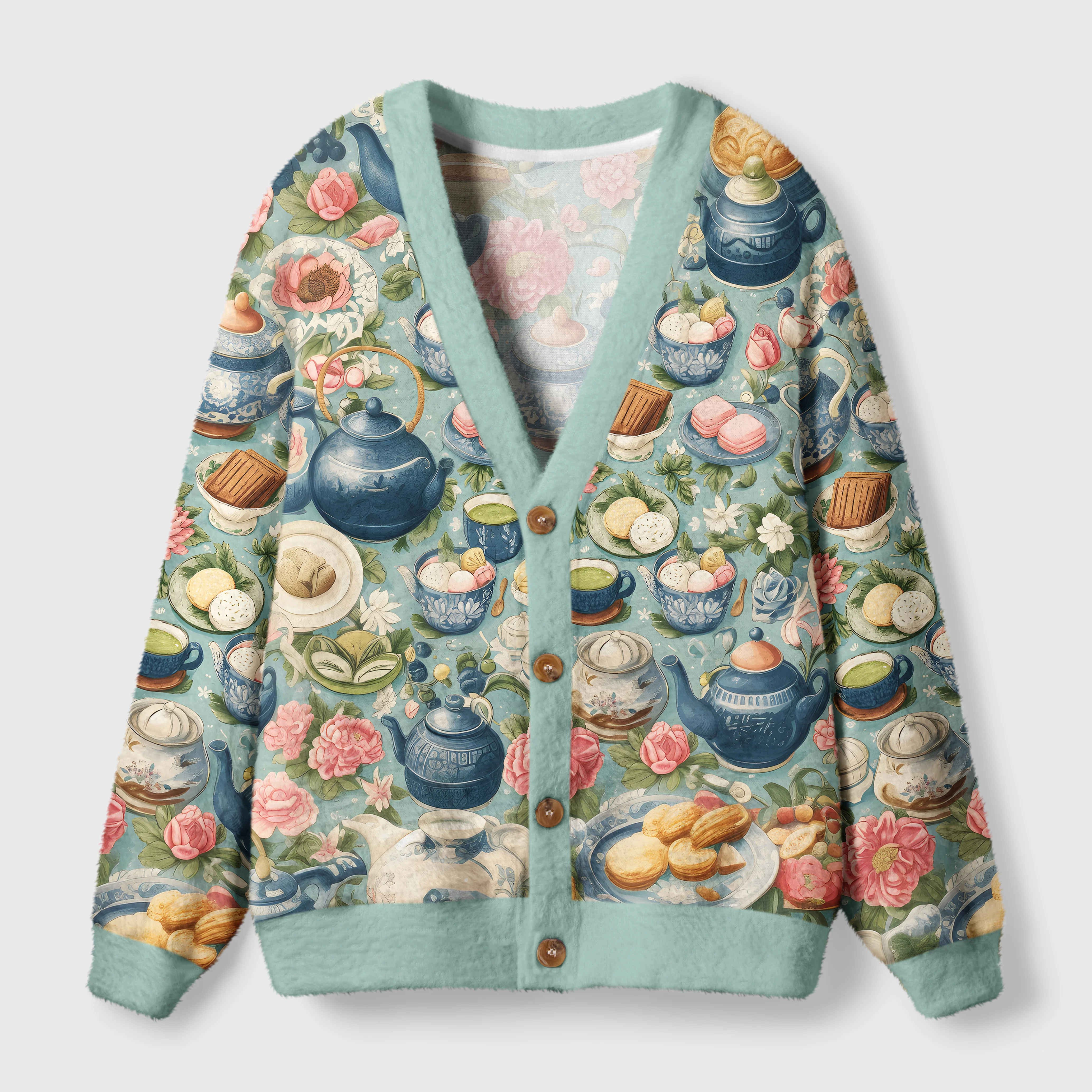 Afternoon Tea Cardigan Sweater | Vintage Tea Party Design Front view of the afternoon tea cardigan sweater featuring a vintage tea party design in soft pastel colors.