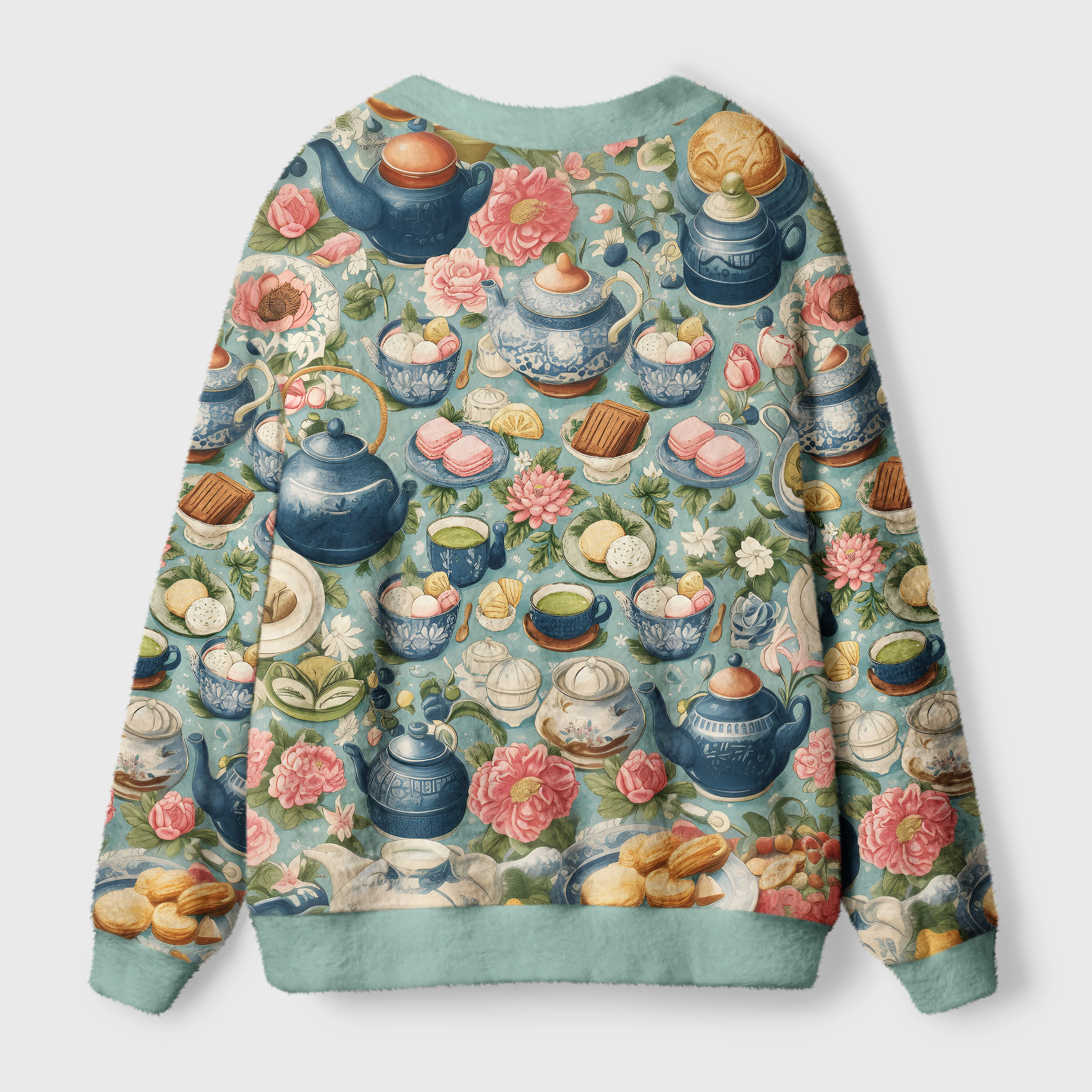 Afternoon Tea Cardigan Sweater | Vintage Tea Party Design Back view of the afternoon tea cardigan sweater showcasing its cozy fit and vibrant floral patterns inspired by tea parties.