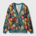 Front view of the Japanese amulet cardigan sweater featuring vibrant traditional symbols and a teal trim.