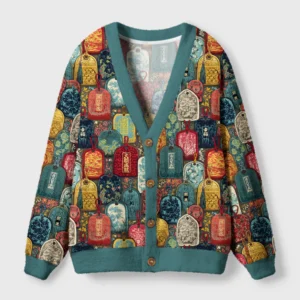 Front view of the Japanese amulet cardigan sweater featuring vibrant traditional symbols and a teal trim.