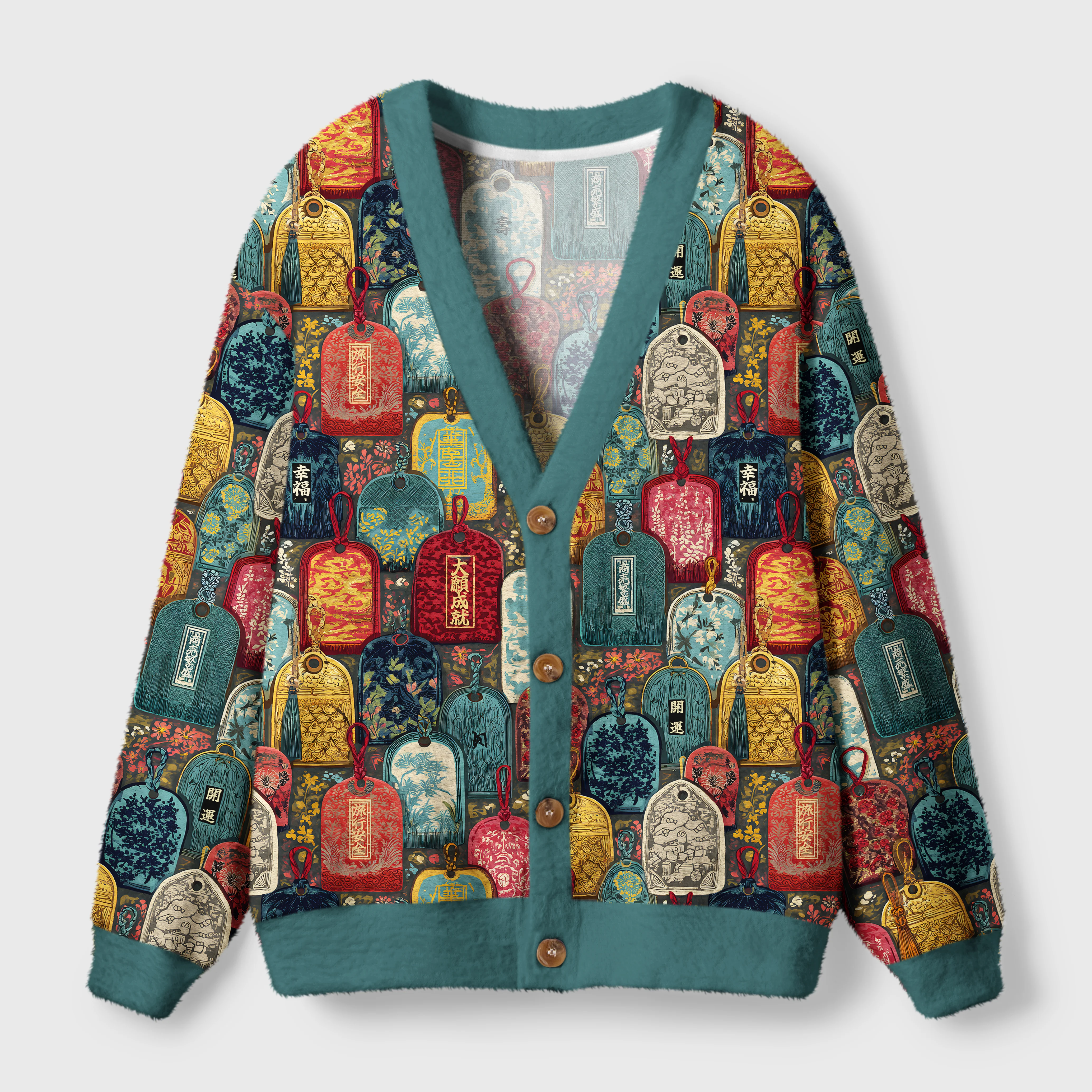 Japanese Amulet Cardigan Sweater | Traditional Symbol Design Front view of the Japanese amulet cardigan sweater featuring vibrant traditional symbols and a teal trim.