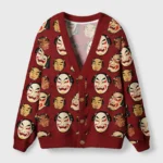 Front view of the Japanese mask cardigan sweater in red, featuring intricate traditional art designs of masks.