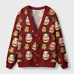 Front view of the Japanese mask cardigan sweater in red, featuring intricate traditional art designs of masks.