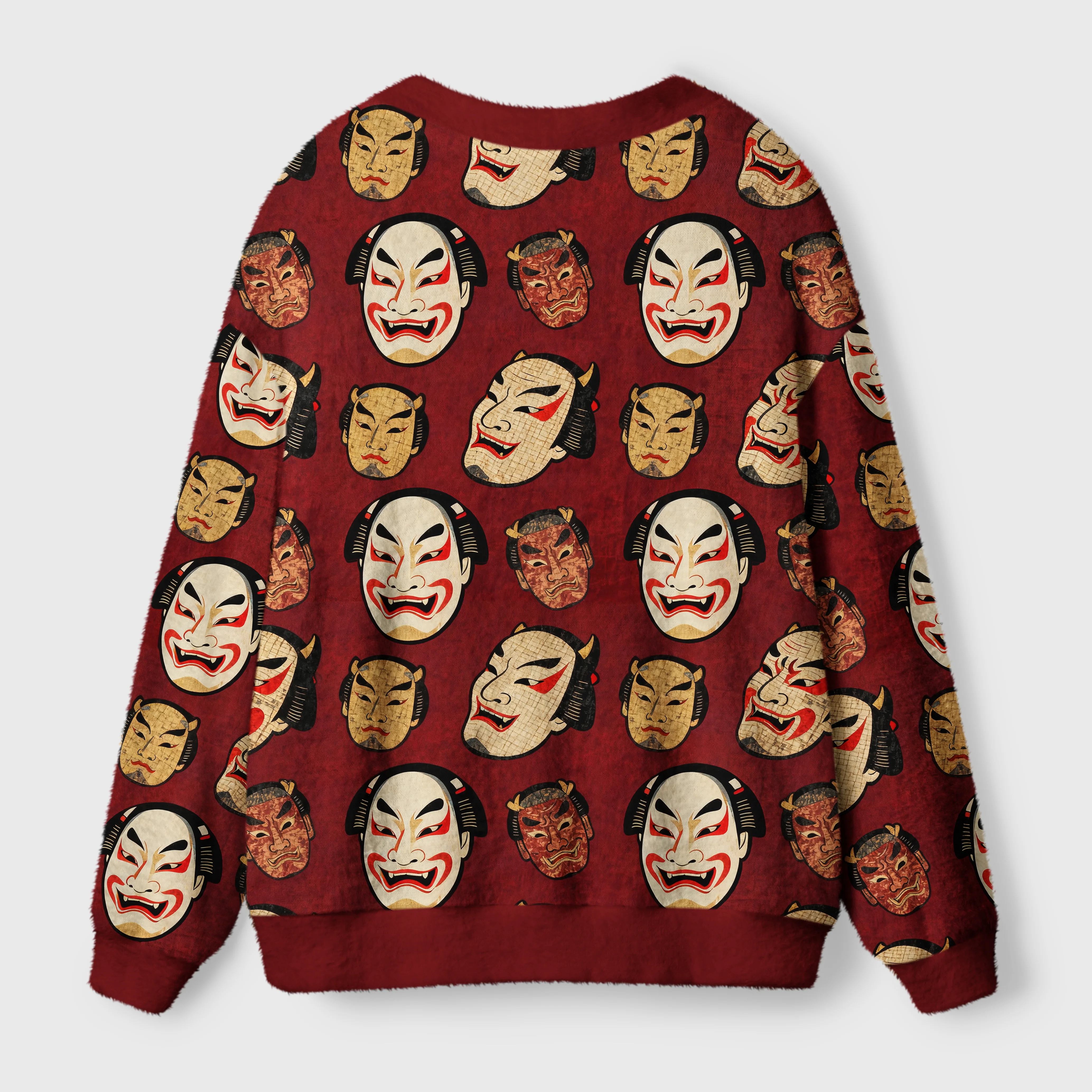 Japanese Mask Cardigan Sweater | Traditional Art Design Back view of the Japanese mask cardigan sweater showcasing its cozy fit and vibrant mask patterns in rich colors.