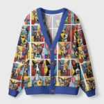 Front view of the artful dog cardigan sweater featuring a colorful dog design with a blue trim.
