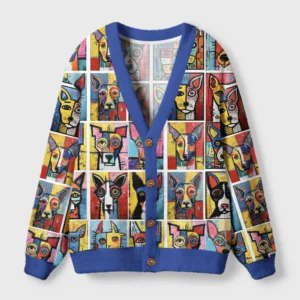 Front view of the artful dog cardigan sweater featuring a colorful dog design with a blue trim.