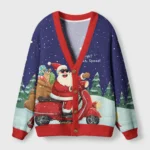 Front view of the Santa high-speed holiday cardigan featuring Santa on a scooter against a snowy backdrop.