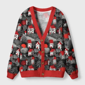 Front view of the enchanted red black village cardigan featuring vibrant village art and bold red trim.