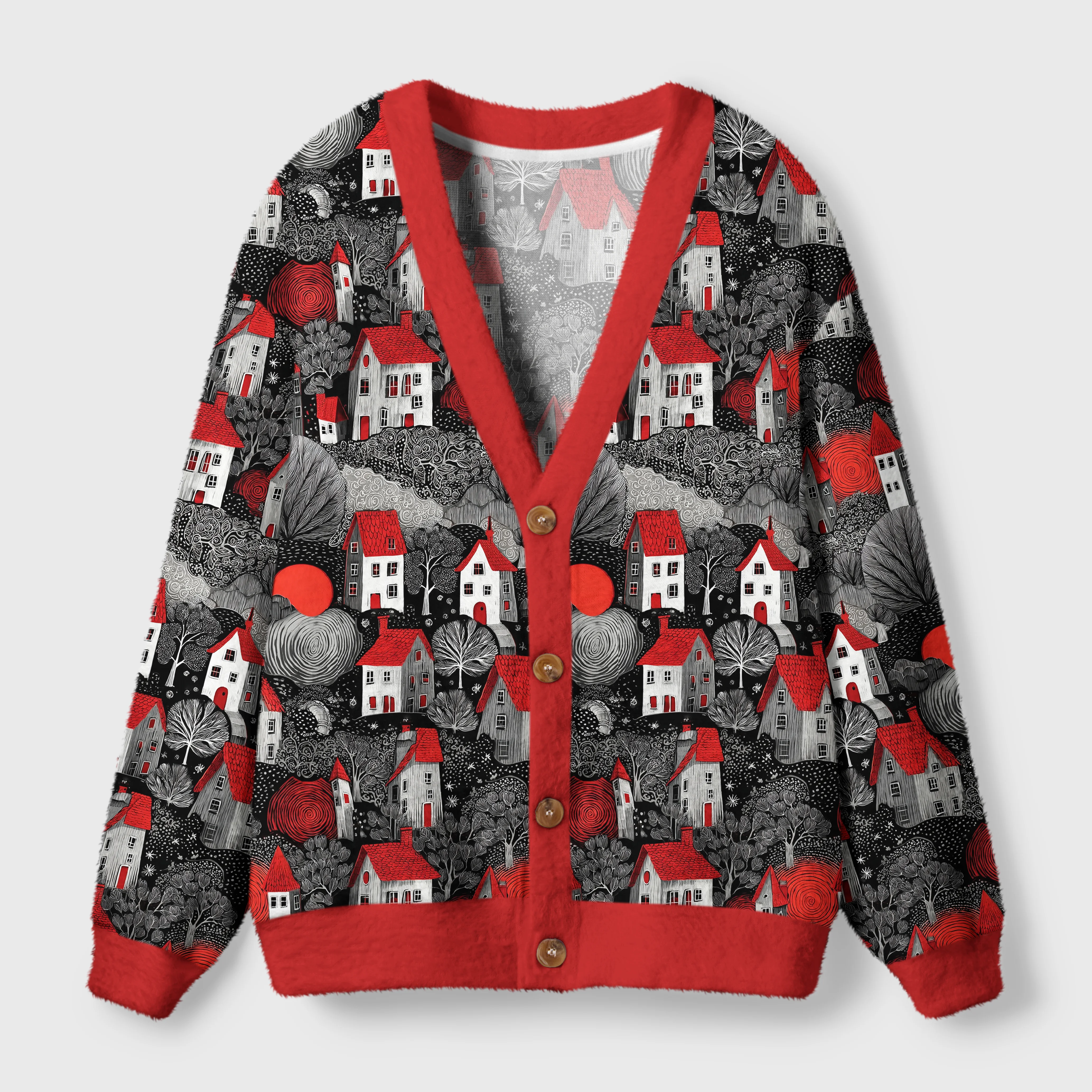 Enchanted Red & Black Village Cardigan Front view of the enchanted red black village cardigan featuring vibrant village art and bold red trim.