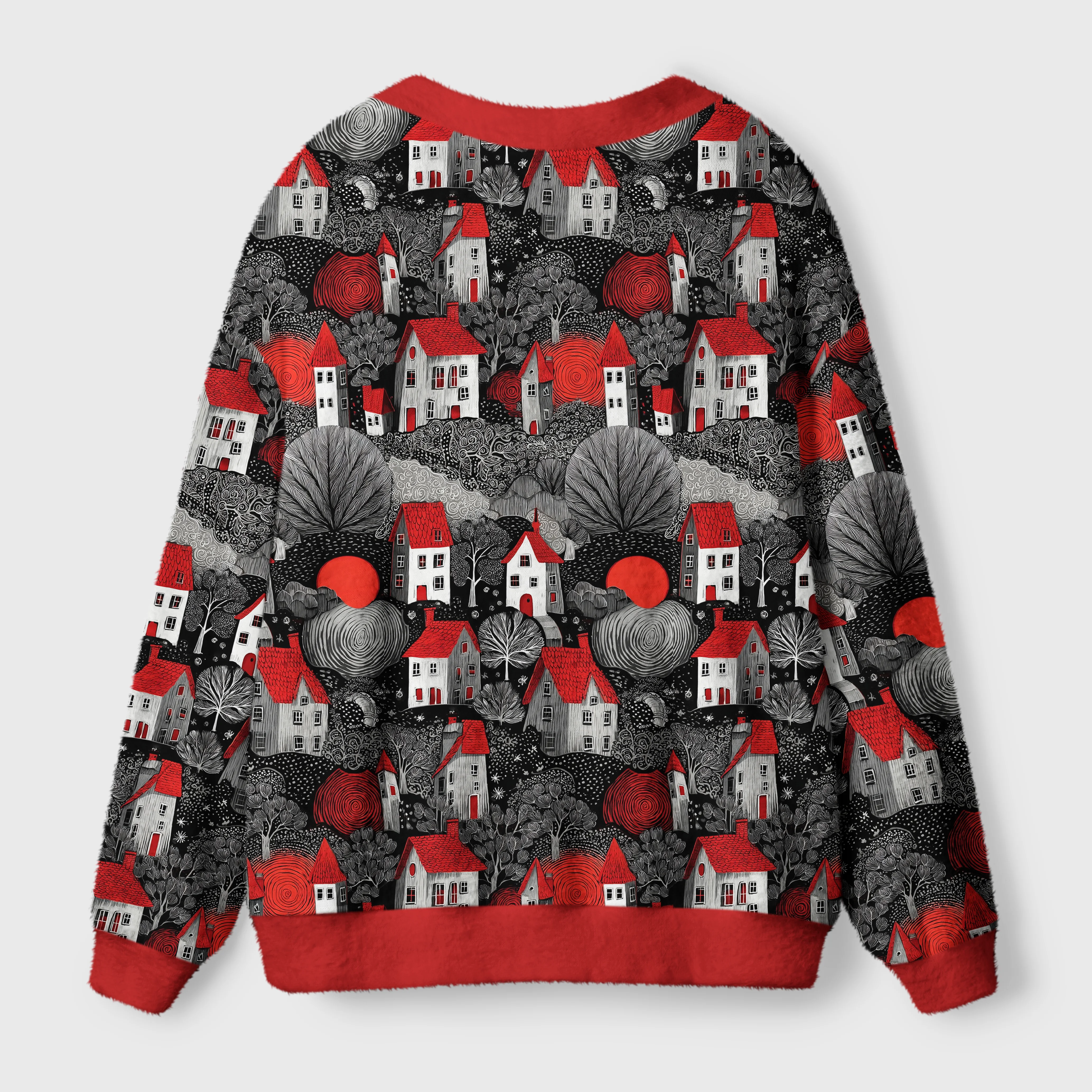 Enchanted Red & Black Village Cardigan Back view showcasing the enchanting red black village cardigan with detailed fantasy landscape design.