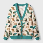 Front view of the colorful wildlife cardigan sweater showcasing vibrant animal designs and teal trim.