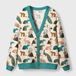 Front view of the colorful wildlife cardigan sweater showcasing vibrant animal designs and teal trim.