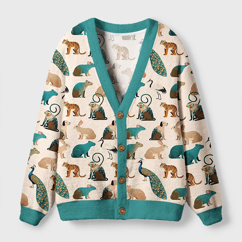Colorful Wildlife Cardigan Sweater Front view of the colorful wildlife cardigan sweater showcasing vibrant animal designs and teal trim.